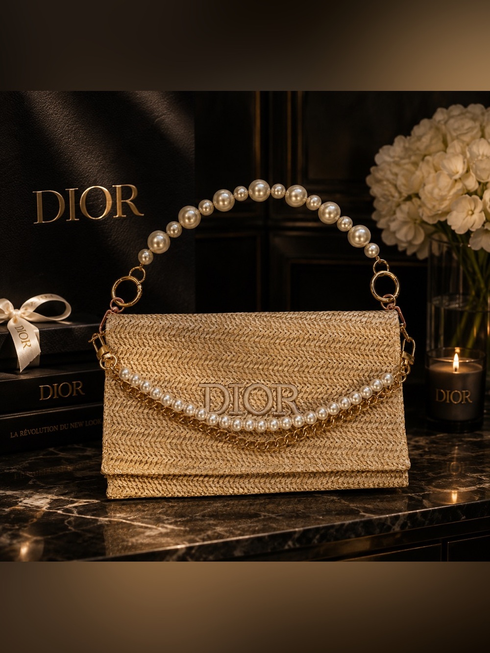 Dior Pearl-Handle raffia Clutch in Natural Gold